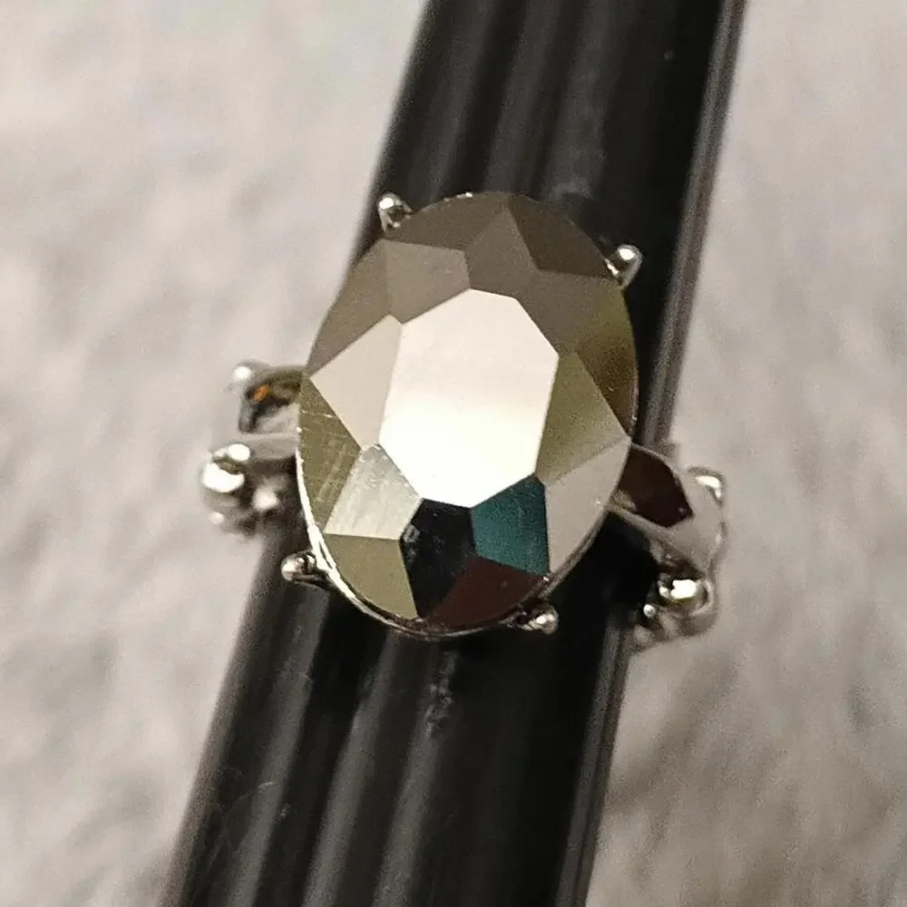 Silvertone Black Faceted Stone Statement Ring Stretch‎ OSFM New